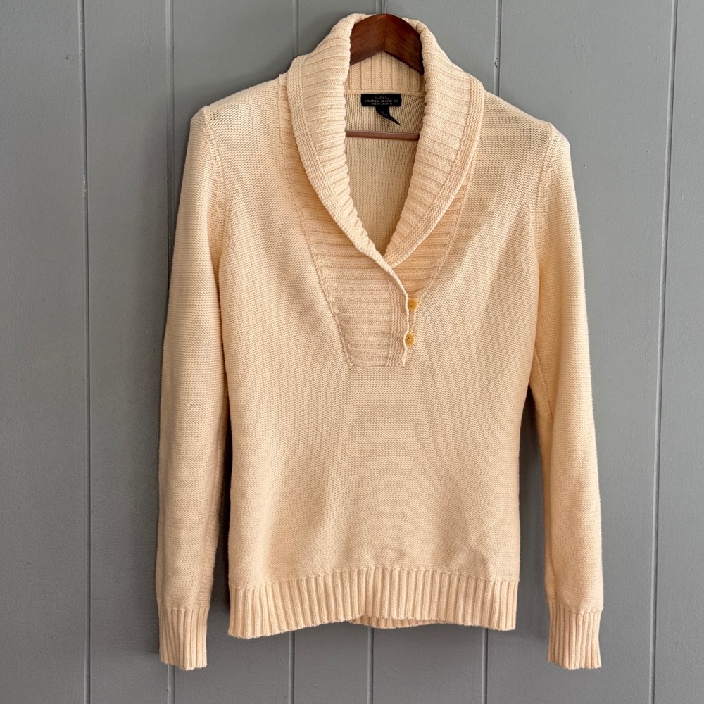 Vintage Ralph Lauren Jeans Co Cream Shawl Collar Cozy Sweater Size L Y2K Preppy
